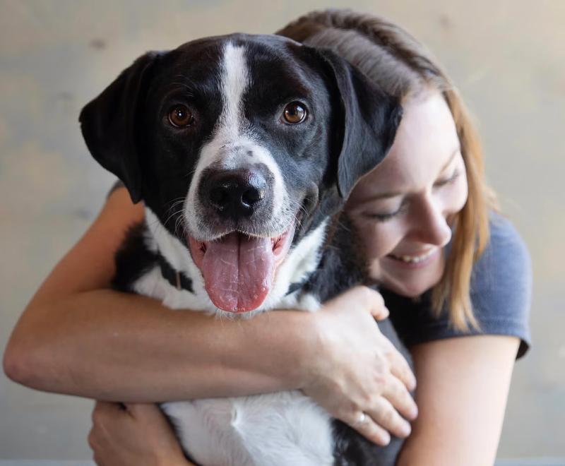 Smiling person hugging a dog